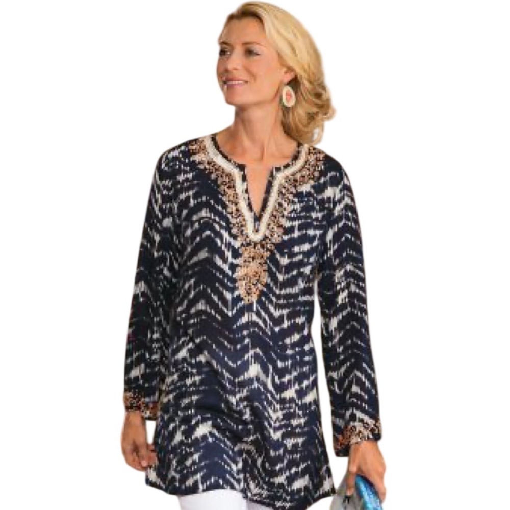 Soft Surroundings Tunic Women Small Navy Blue Ikat Beaded Sequin V-Neck Moroccan